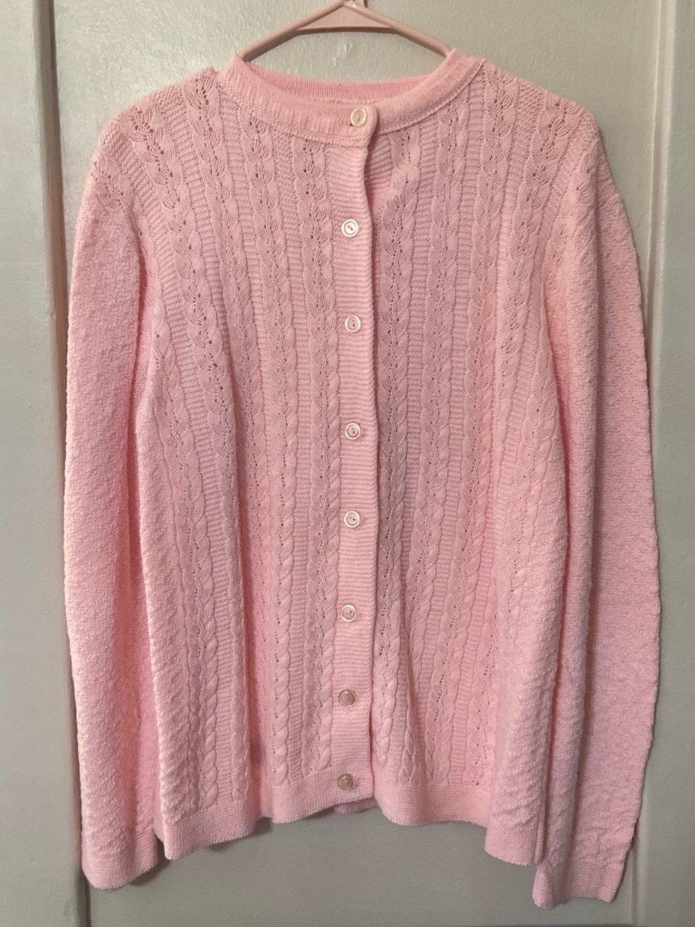 Soft Pink Cable Knit Button-Up Cardigan for Women